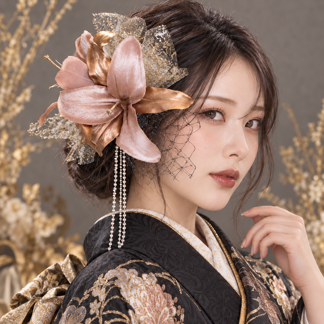 成人式 髪飾り シャンパンゴールド×ユリ|卒業式 袴 和装ヘア No.SG10 成人式 髪飾り シャンパンゴールド×ユリ|卒業式 袴 和装ヘア No.SG10
