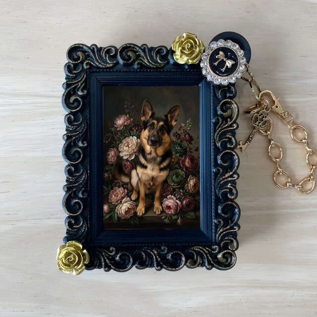 犬（ジャーマンシェパード）バッグチャーム 花の油絵風アート ブラック