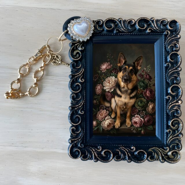犬（ジャーマンシェパード）バッグチャーム 花の油絵風アート ブラック
