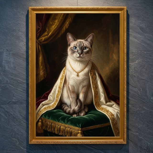 猫（シャム猫）のルネサンス風肖像画 油絵風アートA4金縁額装