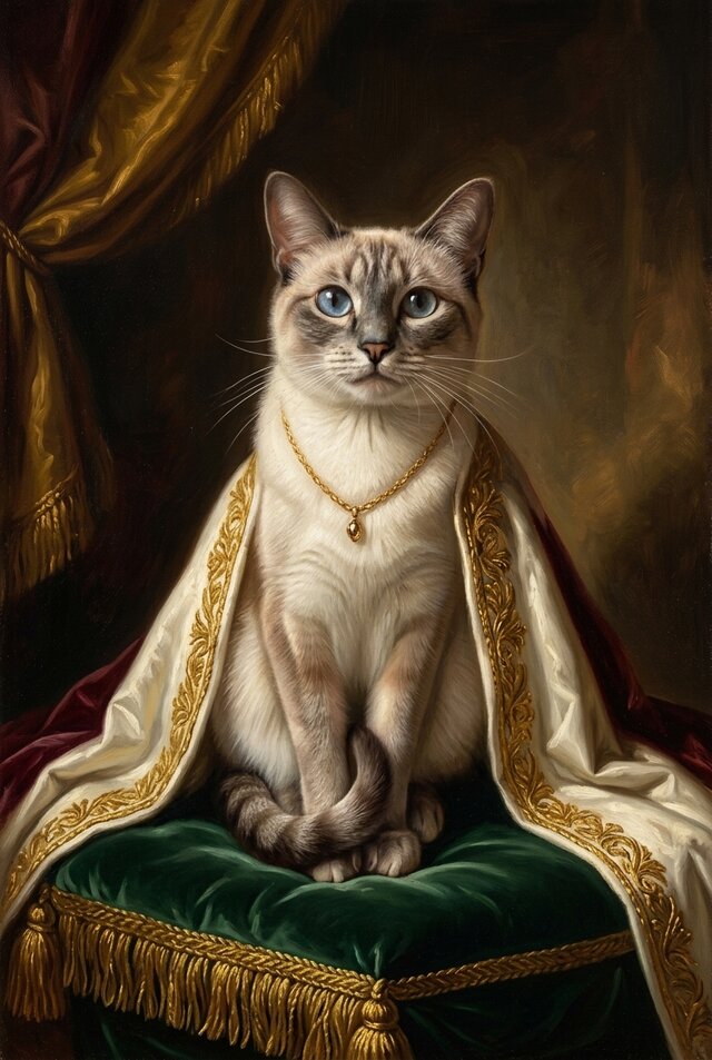 猫（シャム猫）のルネサンス風肖像画 油絵風アートA4金縁額装