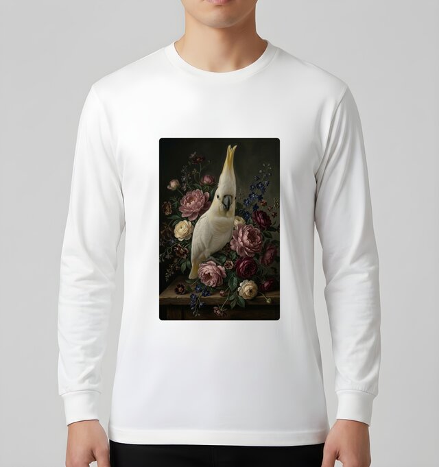 インコ（キバタン）長袖Tシャツ 花の油絵風アート ホワイト 男女兼用