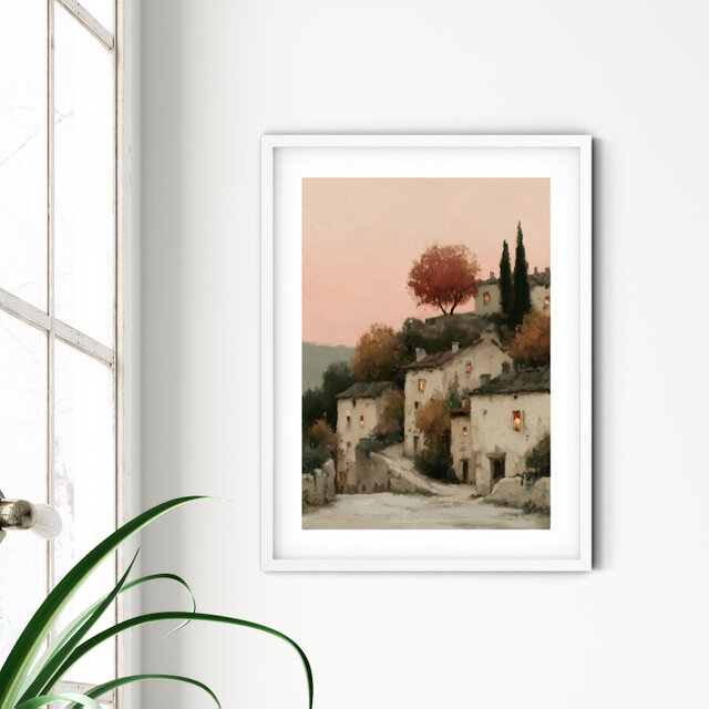 秋の町【 ピンク色の夕暮れ フランスの田舎の村 タイプA 】 風景画