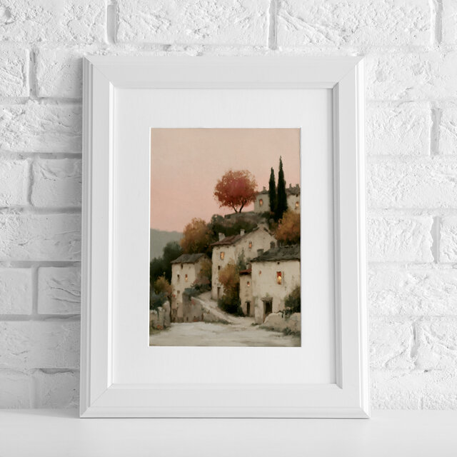 秋の町【 ピンク色の夕暮れ フランスの田舎の村 タイプA 】 風景画