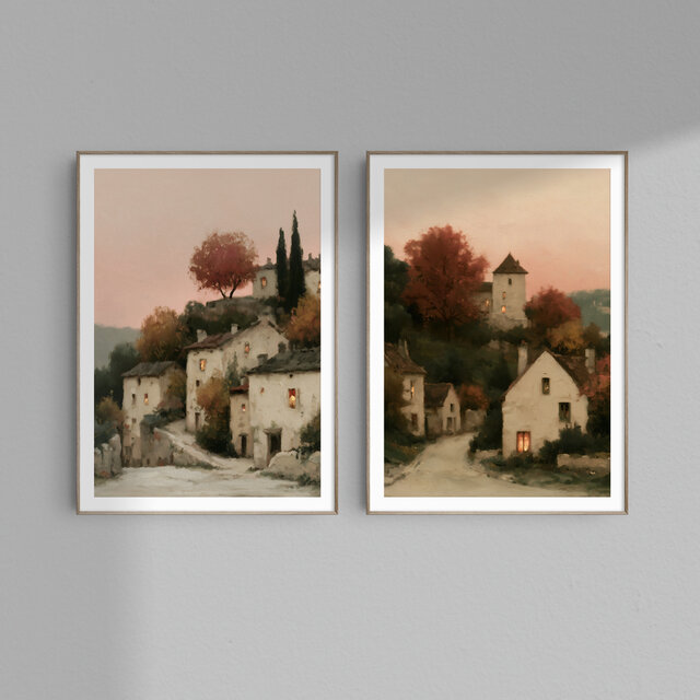 秋の町【 ピンク色の夕暮れ フランスの田舎の村 タイプA 】 風景画
