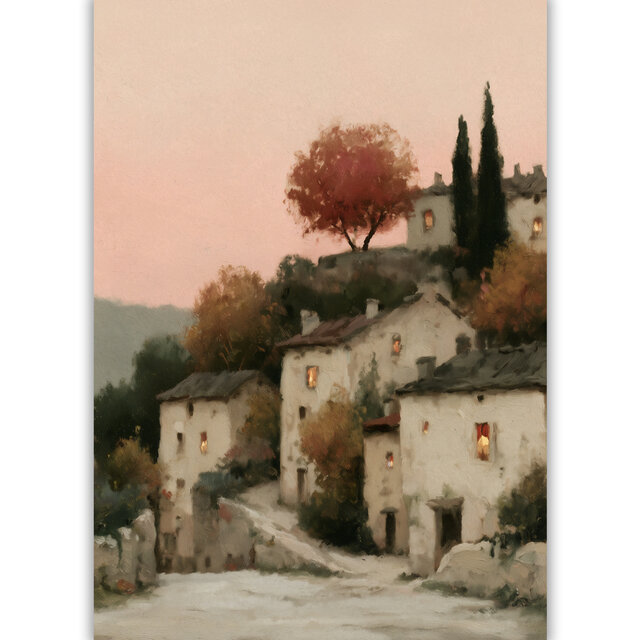 秋の町【 ピンク色の夕暮れ フランスの田舎の村 タイプA 】 風景画