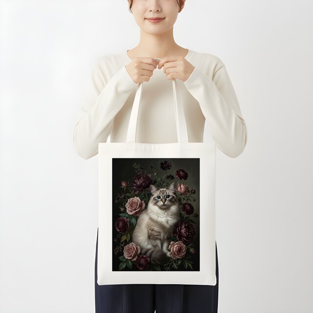 猫（ラグドール）トートバッグ 花の油絵風アート キャンバス地 | iichi