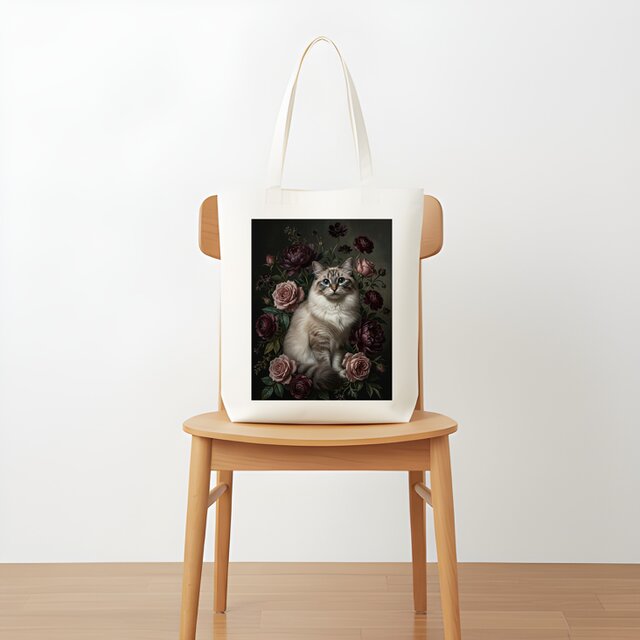 猫（ラグドール）トートバッグ 花の油絵風アート キャンバス地 | iichi
