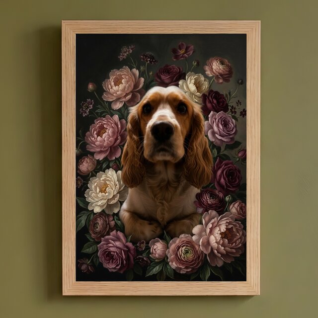 犬（コッカースパニエル）の花に囲まれた油絵風アート A4額装