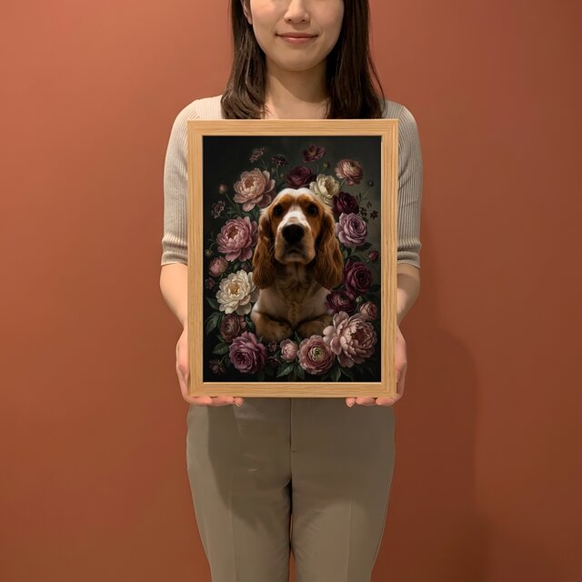 犬（コッカースパニエル）の花に囲まれた油絵風アート A4額装