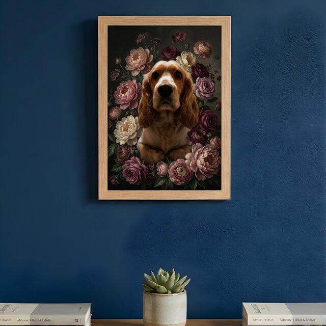 犬（コッカースパニエル）の花に囲まれた油絵風アート A4額装