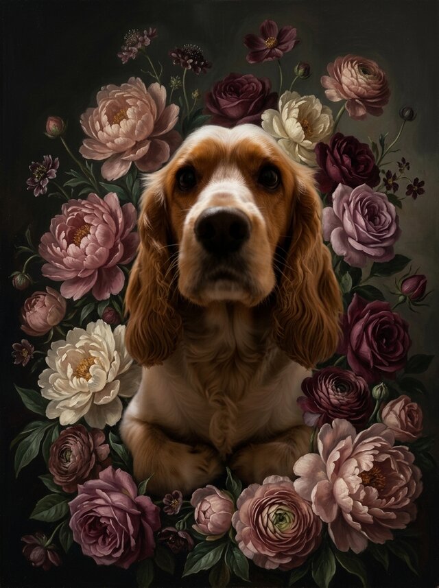 犬（コッカースパニエル）の花に囲まれた油絵風アート A4額装