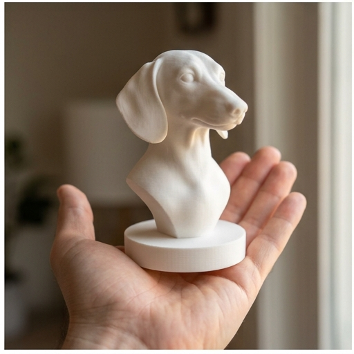 ミニチュアダックスフンドの3Dプリント胸像 白PLA 彫刻 置物