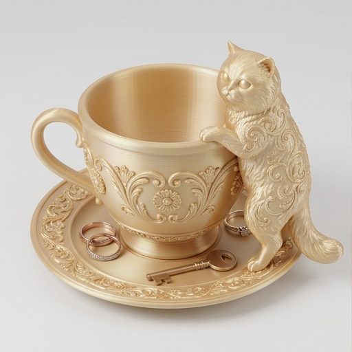 猫（ペルシャ猫）のアクセサリートレイ 小物入れ シルクゴールド
