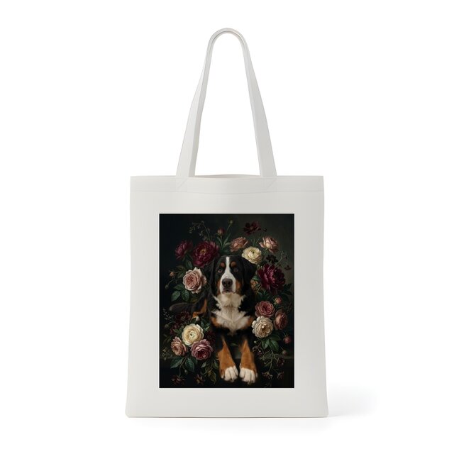 犬（バーニーズマウンテンドッグ）トートバッグ 花の油絵風アート