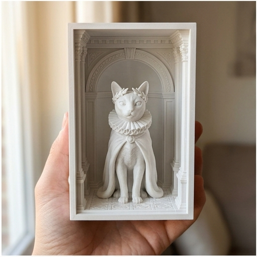 猫（シンガプーラ）の3Dプリント ブックヌーク 白PLA 本棚インテリア