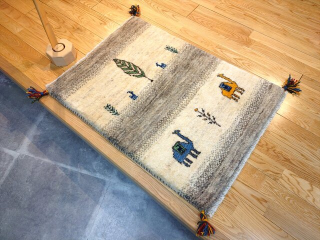 ハンドメイド 天然ウール ペルシャ ギャッベ 玄関マット ラグ 86x62