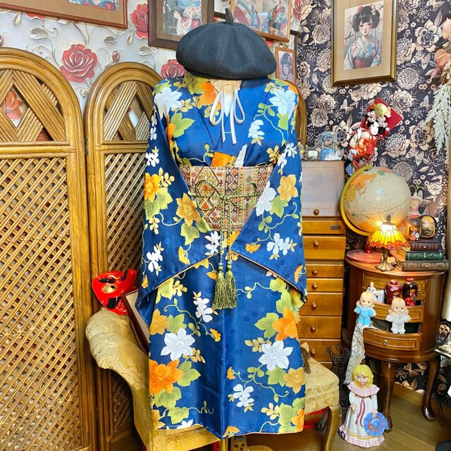 着物リメイク ミニミディワンピース 洗える化繊 帯ベルト 青に橙花 KW