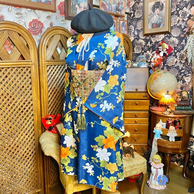 着物リメイク ミニミディワンピース 洗える化繊 帯ベルト 青に橙花 KW
