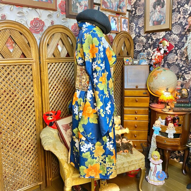 着物リメイク ミニミディワンピース 洗える化繊 帯ベルト 青に橙花 KW