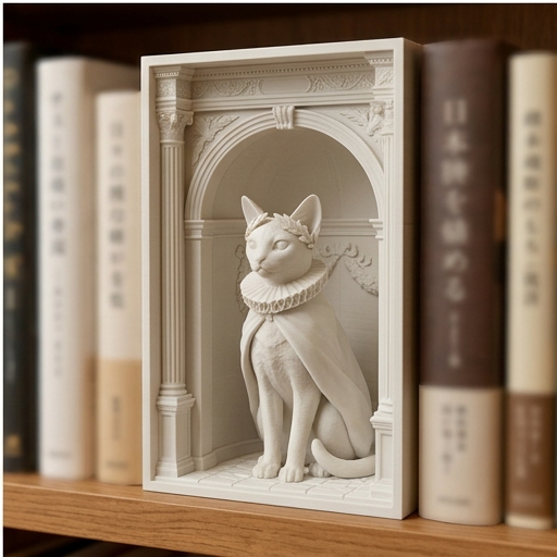 猫（アビシニアン）の3Dプリント ブックヌーク 白PLA 本棚インテリア