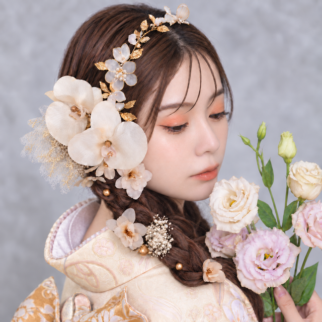 髪飾り 成人式 胡蝶蘭×小枝カチューシャセット｜白 アイボリー 卒業式