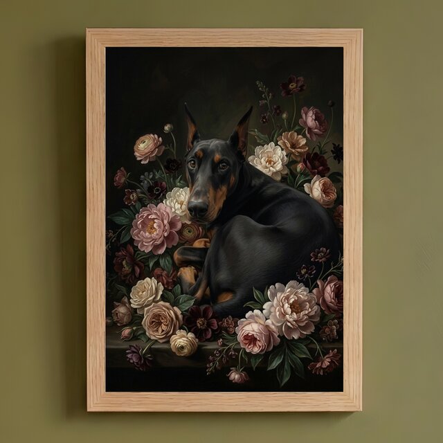 犬（ドーベルマン）の花に囲まれた油絵風アート A4額装インテリア