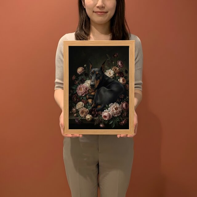 犬（ドーベルマン）の花に囲まれた油絵風アート A4額装インテリア
