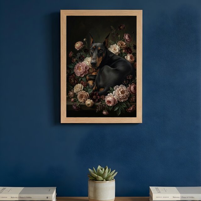 犬（ドーベルマン）の花に囲まれた油絵風アート A4額装インテリア
