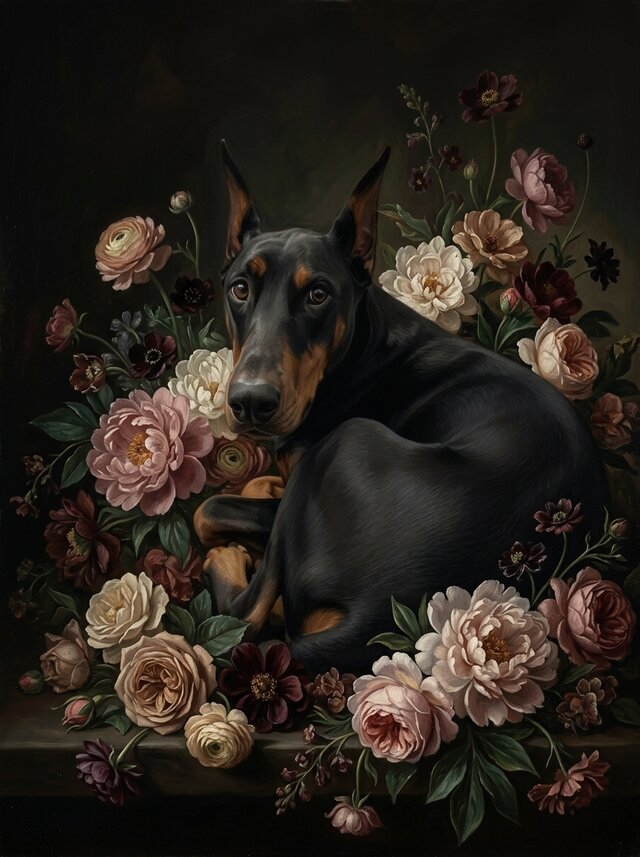 犬（ドーベルマン）の花に囲まれた油絵風アート A4額装インテリア