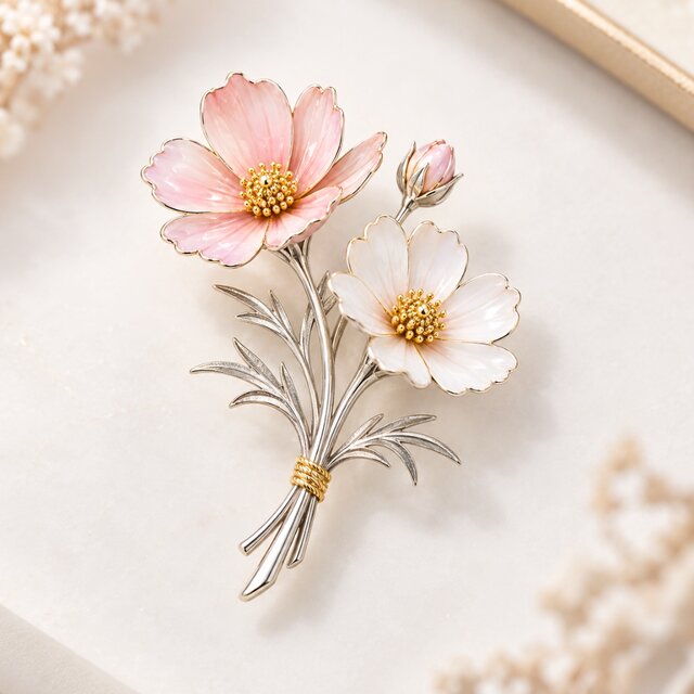 コスモスの花束ブローチ｜七宝焼で仕立てた秋色フラワージュエリー