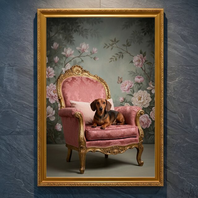 犬の絵画 アート作品 額縁付きA4サイズ 犬（ミニチュアダックスフンド）のロココ調アート A4金縁額装