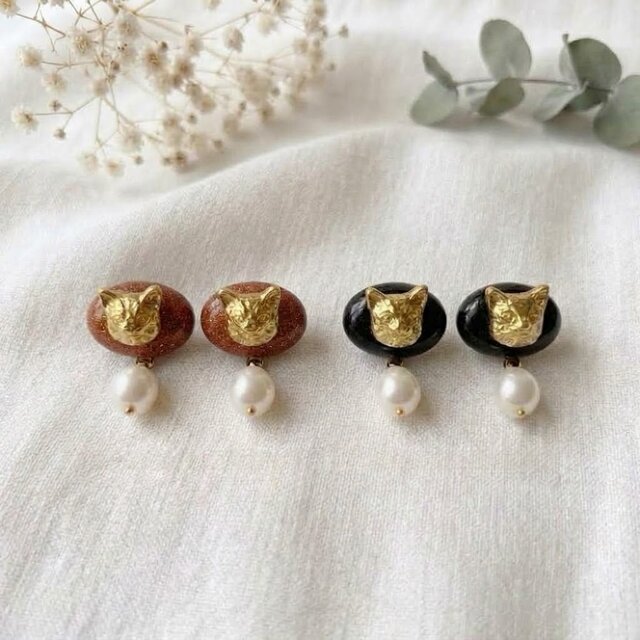 淡水パール揺らめく猫ピアス*レトロ*シンプル*個性的*アースカラー
