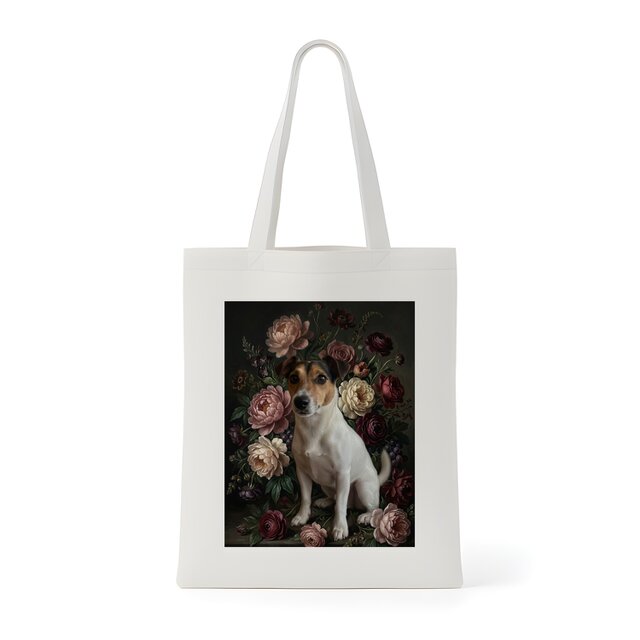 犬（ジャックラッセルテリア）トートバッグ 花の油絵風アート