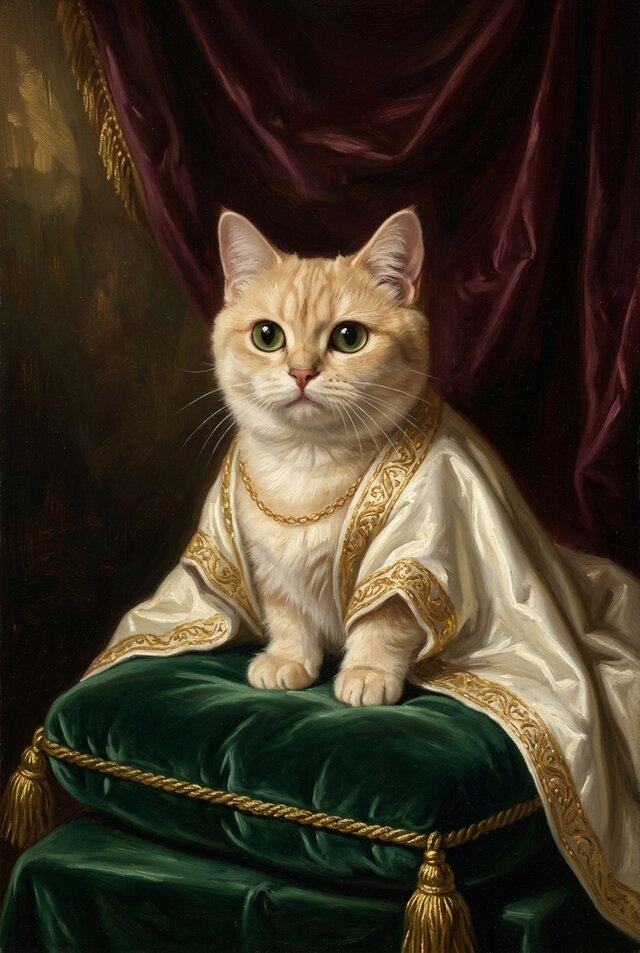 猫（マンチカン）のルネサンス風肖像画 油絵風アートA4金縁額装
