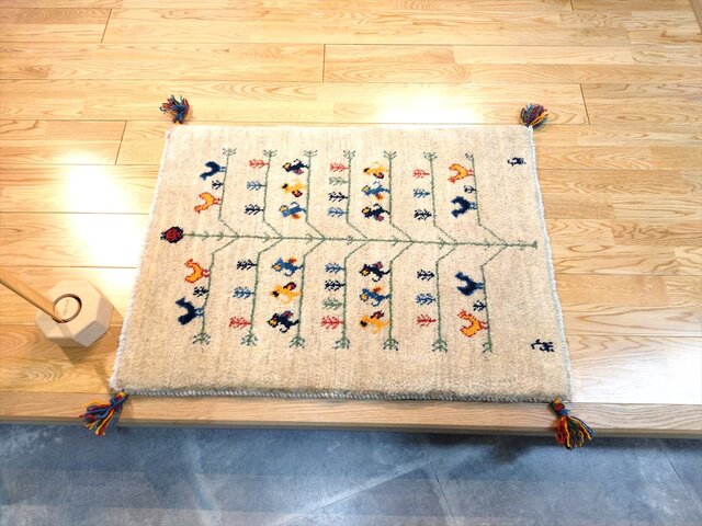 ハンドメイド ペルシャ ギャッベ 玄関マット ラグ 86x63cm 鳥 動物
