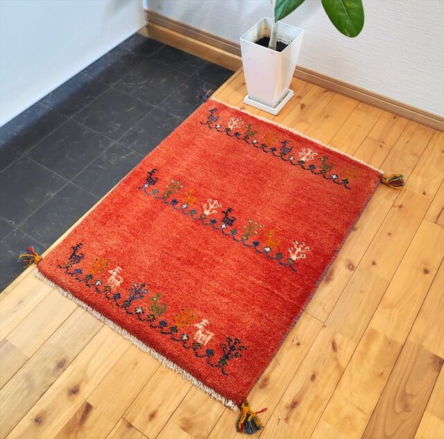 ハンドメイド ペルシャ ギャッベ 玄関マット 86x67cm 生命の木 ヤギ 羊
