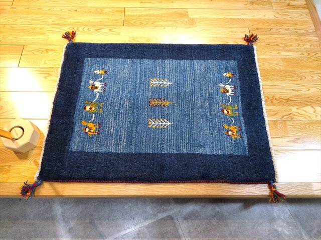 ハンドメイド ペルシャ ギャッベ 玄関マット ラグ 90x65cm 青色 紺色