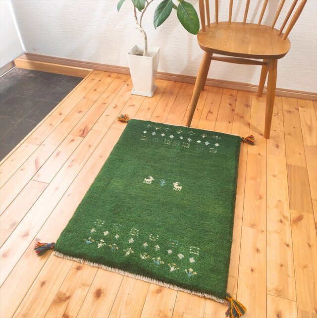ハンドメイド ペルシャ ギャッベ 玄関マット ラグ 84x60㎝ 緑色 生命の