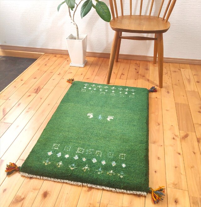 ハンドメイド ペルシャ ギャッベ 玄関マット ラグ 84x60㎝ 緑色 生命の