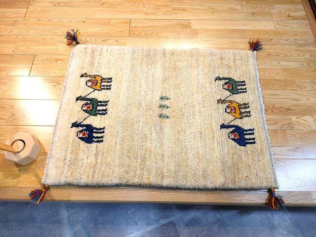 ハンドメイド 天然ウール ペルシャ ギャッベ 玄関マット ラグ 90x70