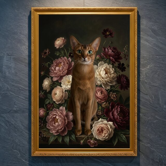 猫（アビシニアン）の花に囲まれた油絵風アート A4金縁額装インテリア
