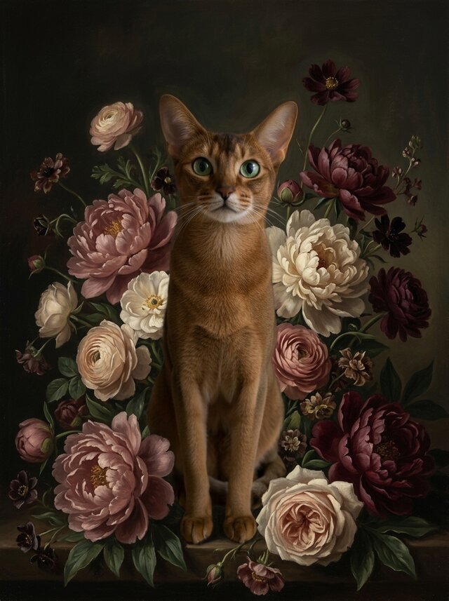 猫（アビシニアン）の花に囲まれた油絵風アート A4金縁額装インテリア