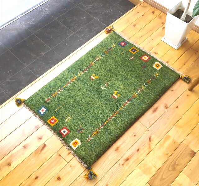 ハンドメイド ペルシャ ギャッベ 玄関マット ラグ 84x58㎝ 緑色 パネル ハンドメイド ペルシャ ギャッベ 玄関マット ラグ 84x58㎝ 緑色 パネル