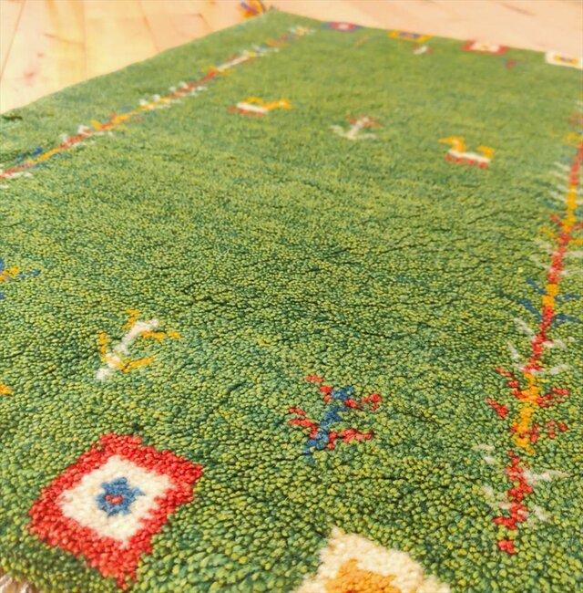 ハンドメイド ペルシャ ギャッベ 玄関マット ラグ 84x58㎝ 緑色 パネル