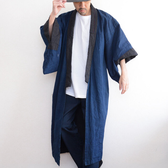 藍染着物　長着　メクラ縞　紬　木綿 大正〜昭和初期 藍染縞木綿の男物着物｜藍無地裏の長着｜ジャパン