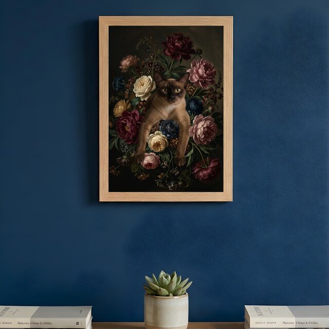猫（バーミーズ）の花に囲まれた油絵風アート A4額装インテリア壁掛け