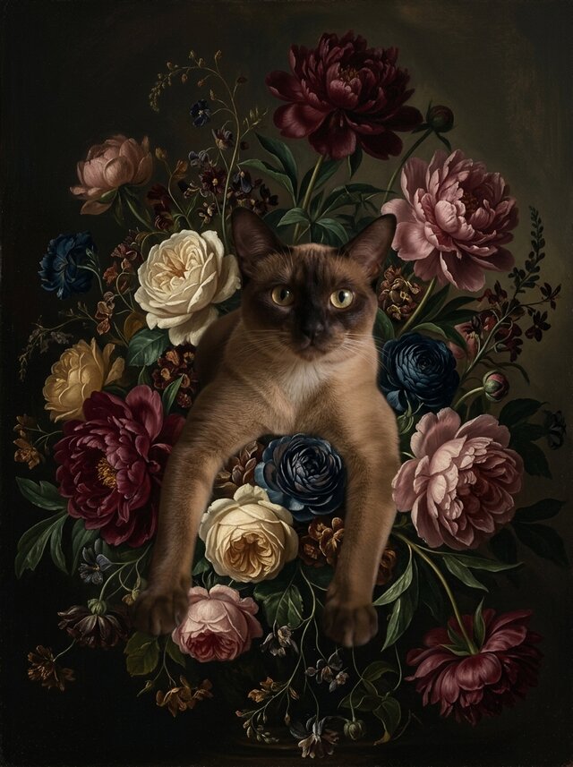 猫（バーミーズ）の花に囲まれた油絵風アート A4額装インテリア壁掛け