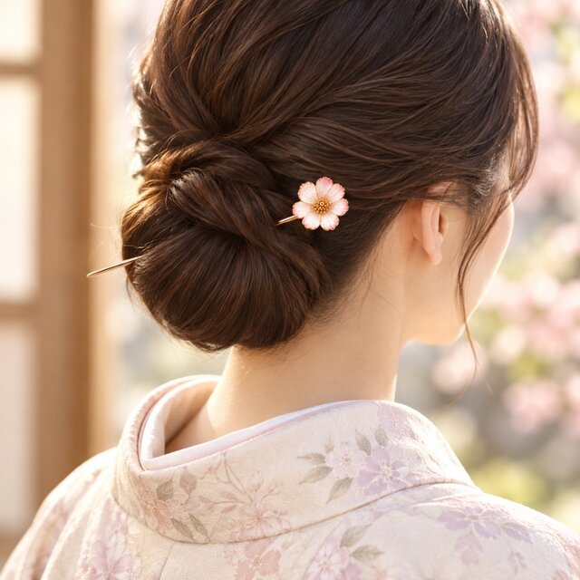 コスモスの一輪かんざし｜淡いピンクの七宝焼フラワージュエリー