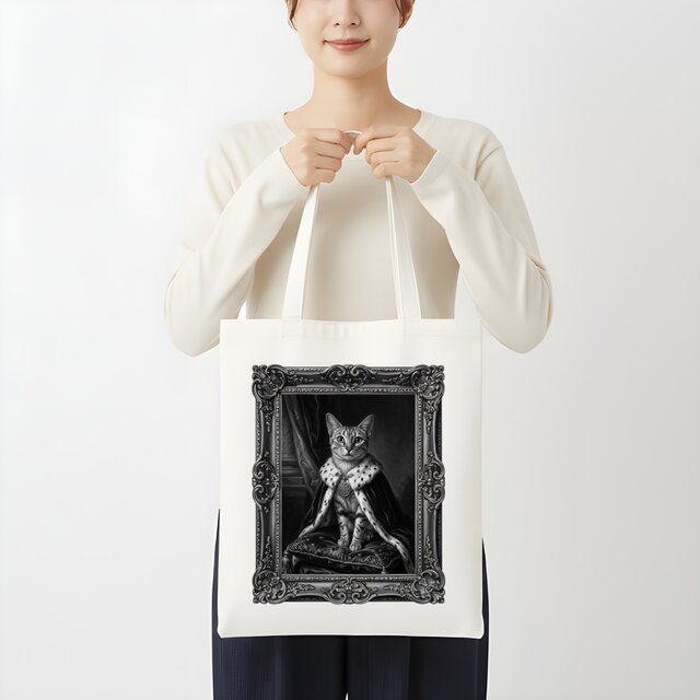 猫（エジプシャンマウ）トートバッグ ルネサンス風モノクロアート 額縁